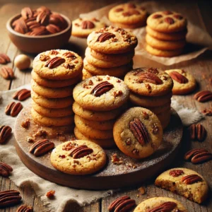 A batch of freshly baked pecan shortbread cookies with a golden, buttery texture and a crisp, crumbly bite. The round cookies feature finely chopped pecans throughout, with some stacked and others cooling on a wire rack. The rustic wooden table is adorned with whole pecans, a dusting of powdered sugar, and a linen napkin. Warm, natural lighting enhances the rich, homemade feel.
