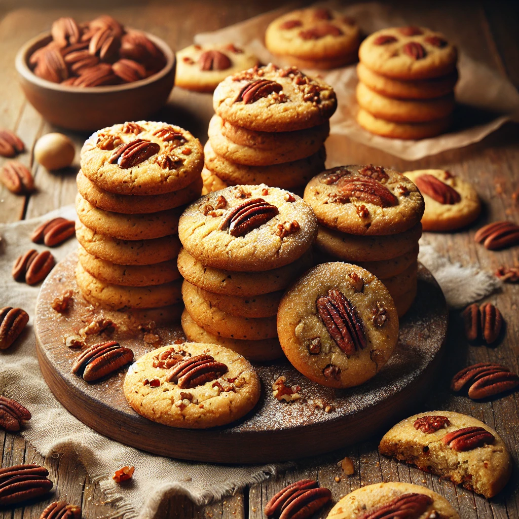 A batch of freshly baked pecan shortbread cookies with a golden, buttery texture and a crisp, crumbly bite. The round cookies feature finely chopped pecans throughout, with some stacked and others cooling on a wire rack. The rustic wooden table is adorned with whole pecans, a dusting of powdered sugar, and a linen napkin. Warm, natural lighting enhances the rich, homemade feel.