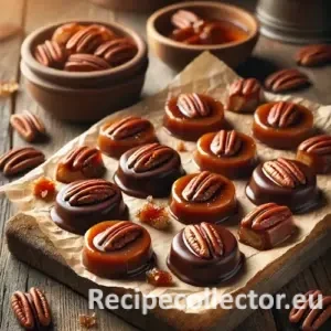 Homemade pecan turtles made with chewy caramel, crunchy pecans, and glossy dark chocolate, set on parchment paper over a rustic wooden surface.