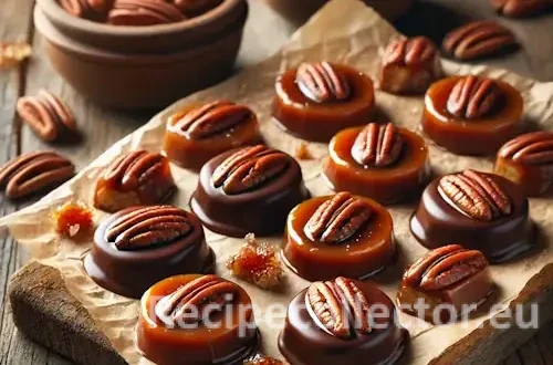 Homemade pecan turtles made with chewy caramel, crunchy pecans, and glossy dark chocolate, set on parchment paper over a rustic wooden surface.