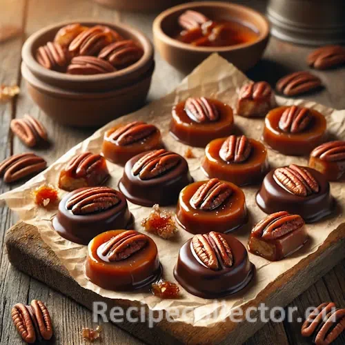 Homemade pecan turtles made with chewy caramel, crunchy pecans, and glossy dark chocolate, set on parchment paper over a rustic wooden surface.