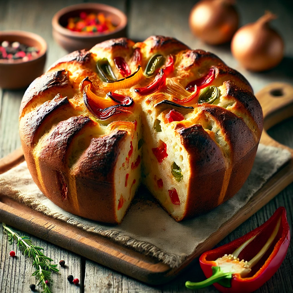 A freshly baked pepper and onion flowerpot bread on a rustic wooden table, featuring a golden-brown crust baked in a terracotta flowerpot. Pieces of roasted red and green peppers and caramelized onions are visible on the surface. A few slices are cut to reveal the soft, airy interior filled with colorful peppers and onion bits. The bread rests on a wooden cutting board, accompanied by scattered chopped peppers, onion slices, and fresh herbs. Soft natural lighting enhances the warm, inviting tones.