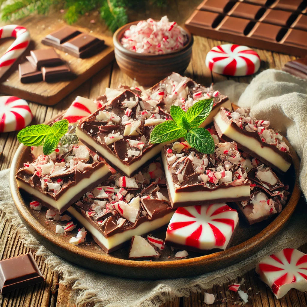 A plate of peppermint bark with a dark chocolate base layered with creamy white chocolate and topped with crushed peppermint candy on a rustic wooden table. Some pieces are broken apart to showcase the crisp, layered texture, with extra peppermint pieces and chocolate shavings scattered around. A cozy napkin and wooden plate enhance the warm, festive atmosphere.