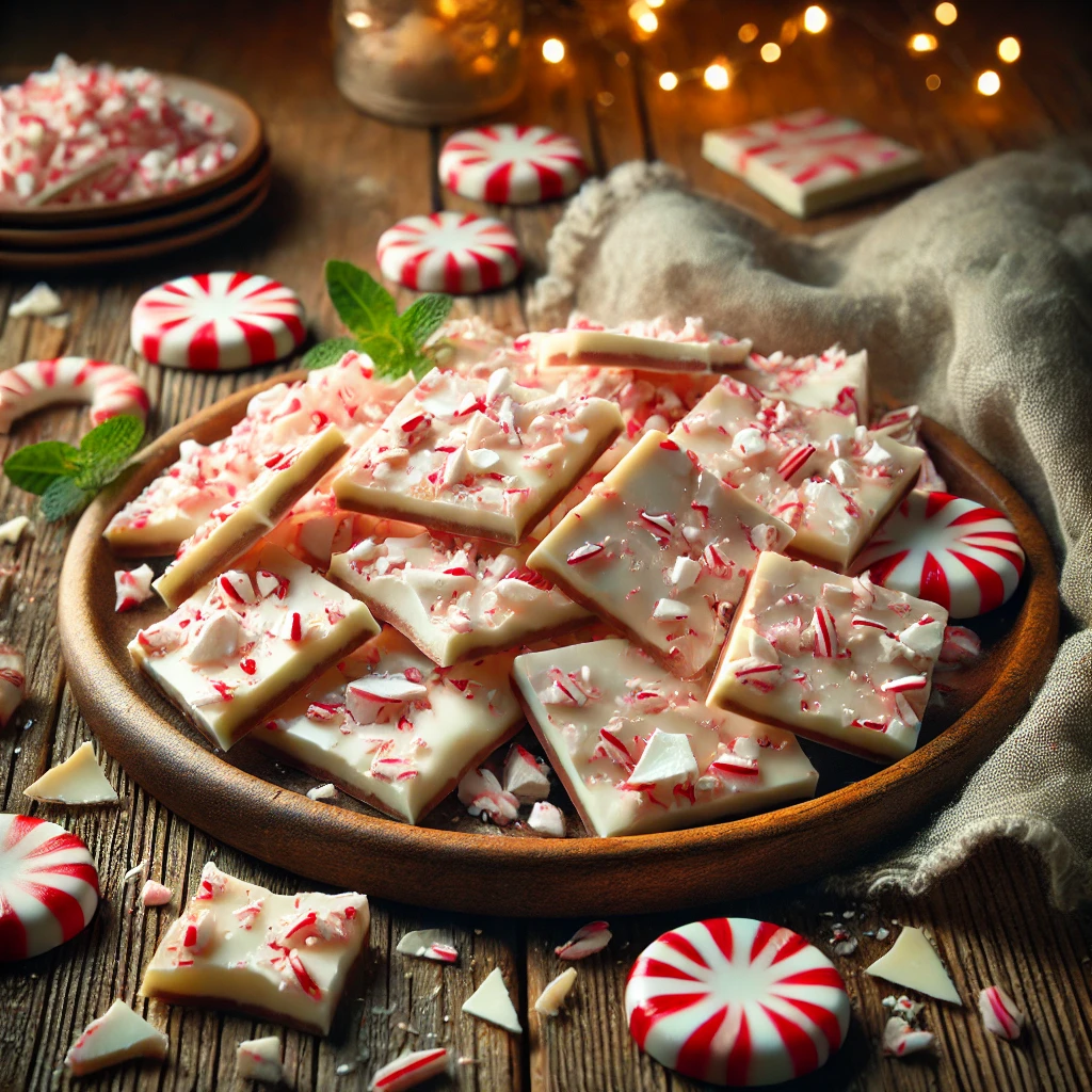A plate of peppermint brittle with a smooth white chocolate base infused with crushed peppermint candy on a rustic wooden table. Some pieces are broken apart to reveal delicate layers, with extra peppermint candy pieces and white chocolate shavings scattered around. A cozy napkin and wooden plate enhance the warm, festive atmosphere.
