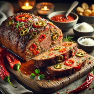 Beef and sausage meatloaf with peppers, served as a sliced loaf with visible chunks of red bell peppers and serrano peppers. The meatloaf is garnished with fresh Parmesan and herbs, presented on a rustic wooden platter. The cozy table setting includes soft lighting and small bowls of ingredients like grated Parmesan and pork rinds, enhancing the homemade and comforting vibe of the dish.