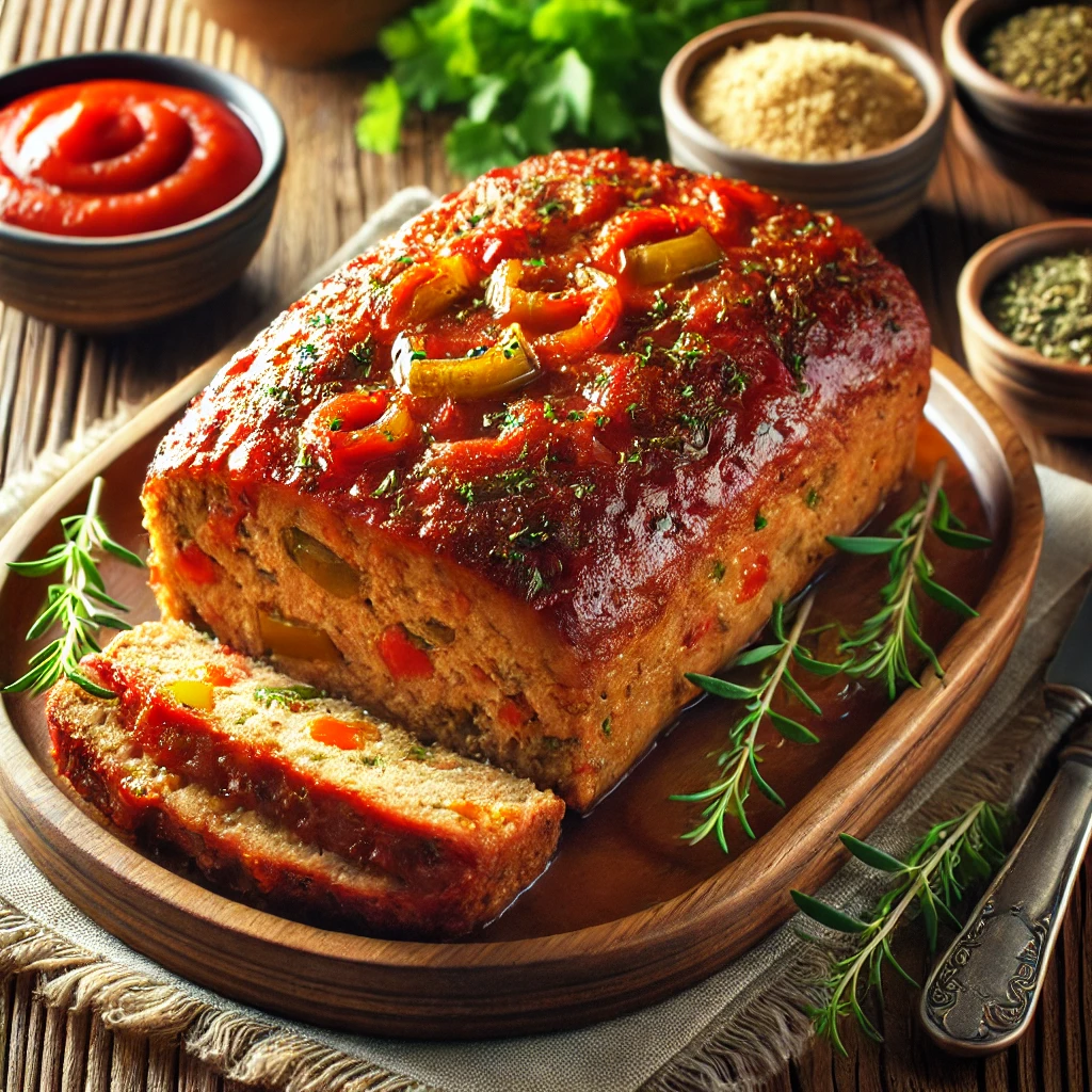 A perfectly cooked Peppery Ranch Meatloaf served on a rustic wooden plate, featuring a golden crust topped with a tangy tomato glaze and visible pieces of bell peppers and onions throughout. The dish is garnished with fresh herbs and set on a cozy wooden table, accompanied by small bowls of ingredients like crushed crackers and tomato paste, with soft natural lighting highlighting its hearty and inviting appeal.