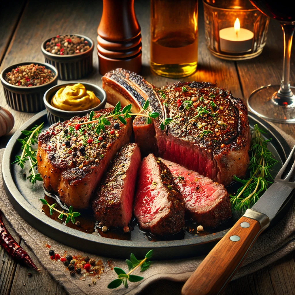 A perfectly cooked porterhouse steak, seasoned with black pepper, cayenne, garlic powder, thyme, and marjoram, sliced into tender pieces. Garnished with fresh herbs and served on a sleek plate with mustard and melted butter on the side, set on a rustic wooden table with elegant cutlery and a glass of red wine, highlighted by warm and inviting lighting.