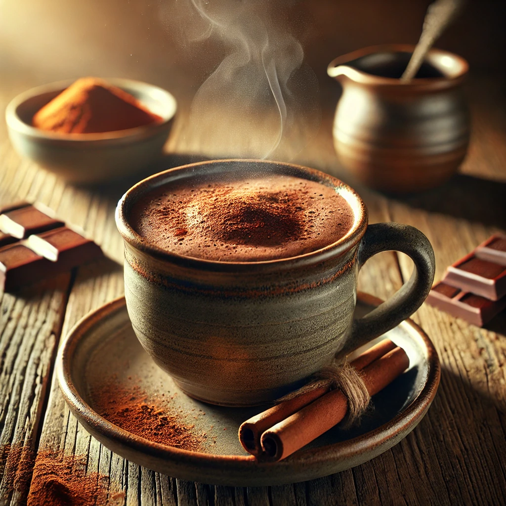 A steaming cup of perfectly chocolate hot cocoa in a rustic ceramic mug, topped with a light dusting of cocoa powder. A cinnamon stick rests on the saucer, set on a wooden table with a bowl of cocoa powder and a piece of dark chocolate in the softly blurred background.
