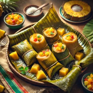 Peruvian tamales wrapped in banana leaves, filled with sweet tropical fruits like pineapple and mango, garnished with shredded coconut, pineapple slices, and mint, served on a rustic plate with banana leaves and tropical salsa in the background.