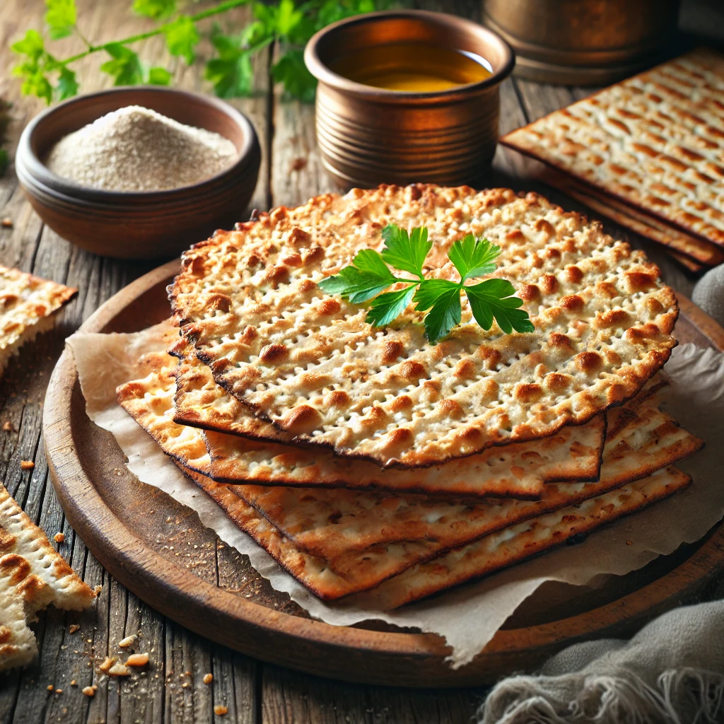 A freshly baked Pesach (Passover) bread on a rustic wooden table, featuring thin, crisp, and slightly bubbled unleavened bread with a golden-brown hue. Some pieces are stacked, while others are broken to reveal the delicate, crunchy texture. The bread rests on a wooden platter, accompanied by a small dish of olive oil, a sprig of parsley, and scattered flour for a traditional touch. Soft natural lighting enhances the warm, rustic tones.