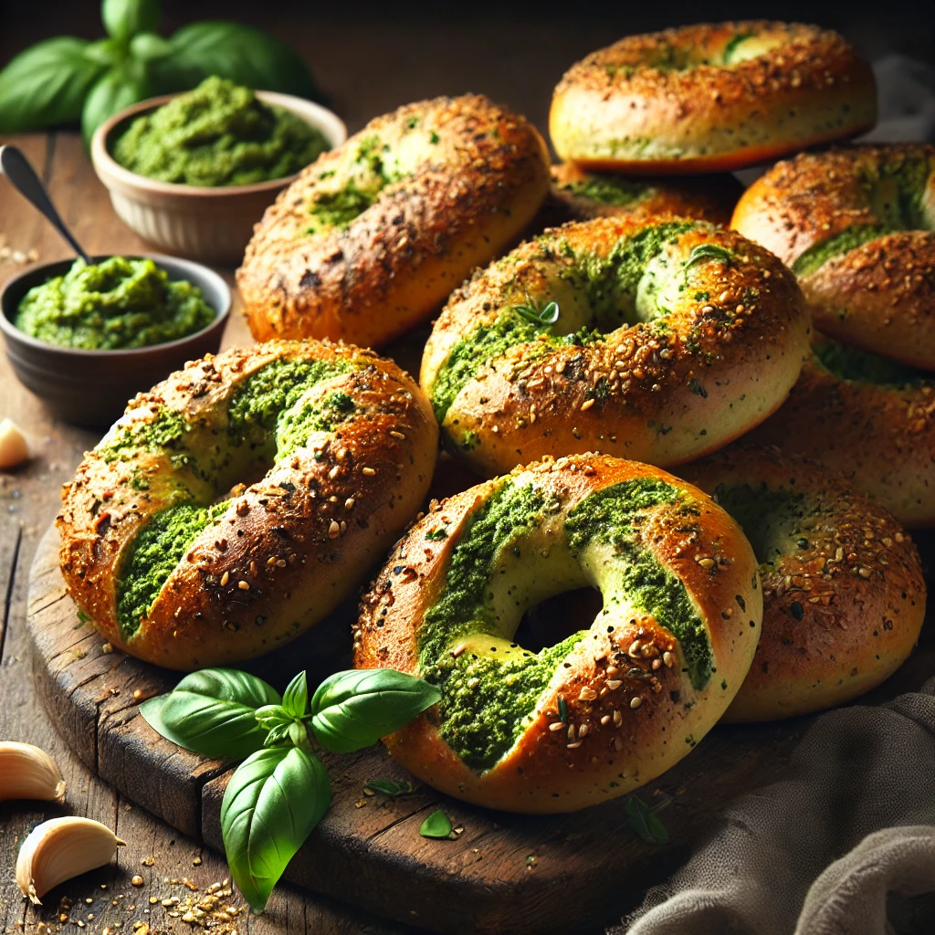 A batch of freshly baked Pesto Bagels with a golden-brown crust and a slight green tint from aromatic garlic and basil pesto. The bagels have a rustic, artisanal appearance with a chewy texture and crisp exterior. They are arranged on a wooden cutting board atop a rustic wooden table, with a few sliced open to reveal their soft, herby interior. A small dish of pesto, fresh basil leaves, and a sprinkle of sesame seeds complete the inviting presentation. Warm, natural lighting enhances the cozy, homemade feel.
