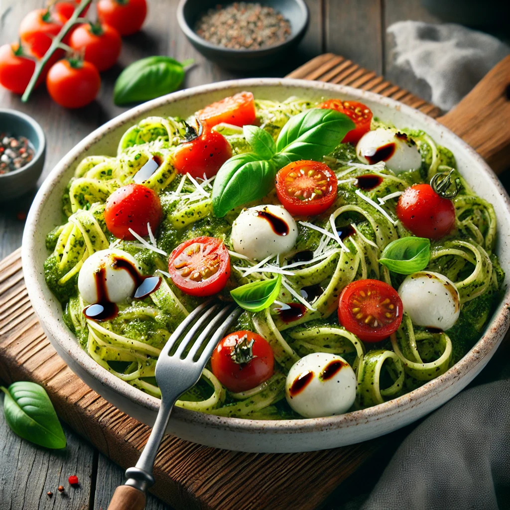 A bowl of pesto Caprese noodle salad with tender pasta, cherry tomatoes, fresh mozzarella balls, and basil leaves, coated in vibrant green pesto sauce on a rustic wooden table. Drizzled with balsamic glaze and garnished with grated Parmesan and black pepper, with a serving fork lifting a portion. A cozy napkin and wooden plate enhance the warm, inviting atmosphere.