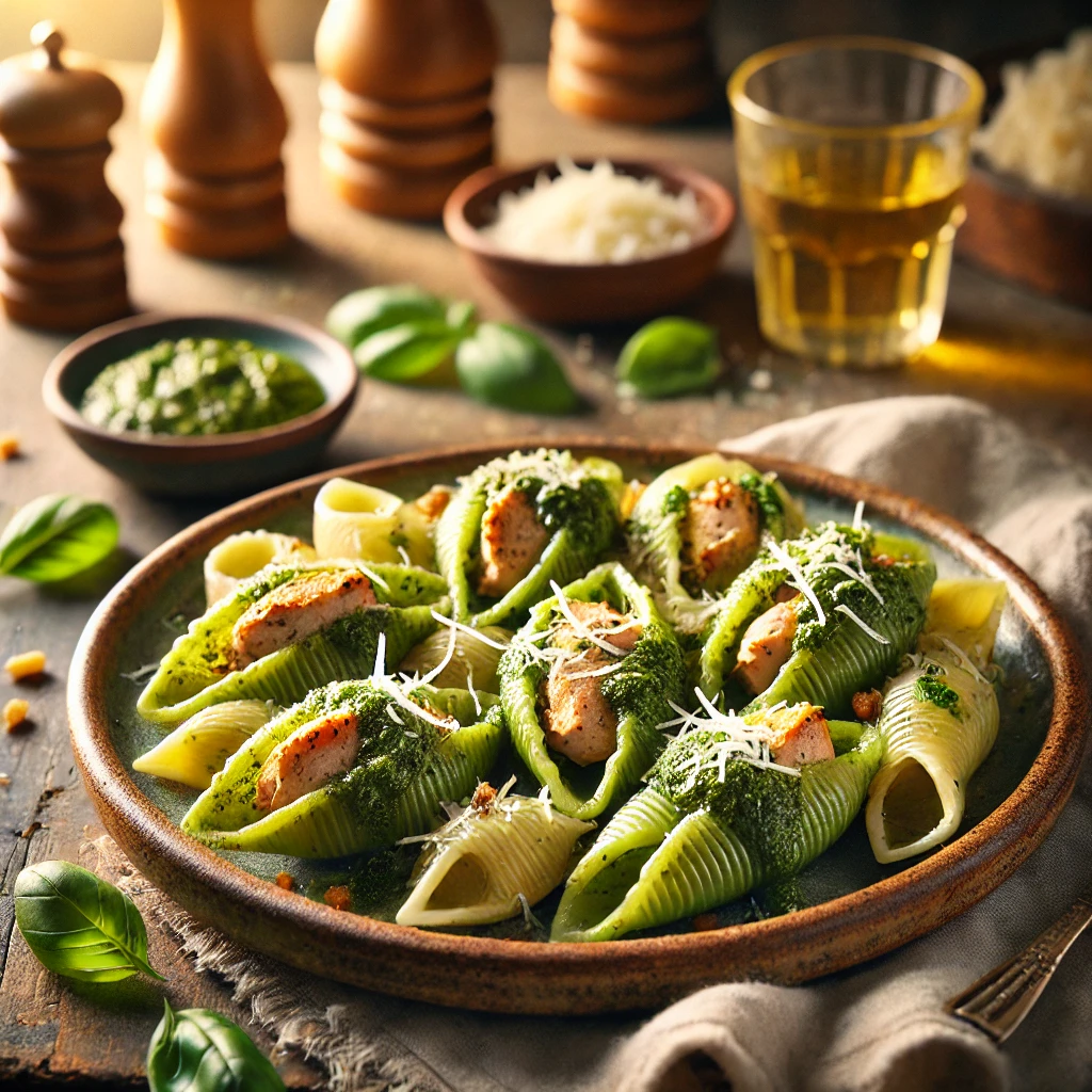 Pesto Chicken Shells on a rustic ceramic plate, featuring jumbo pasta shells stuffed with shredded chicken and ricotta, coated in vibrant basil pesto sauce. Garnished with Parmesan and pine nuts, set on a wooden table with extra pesto and a glass of white wine in the softly blurred background.