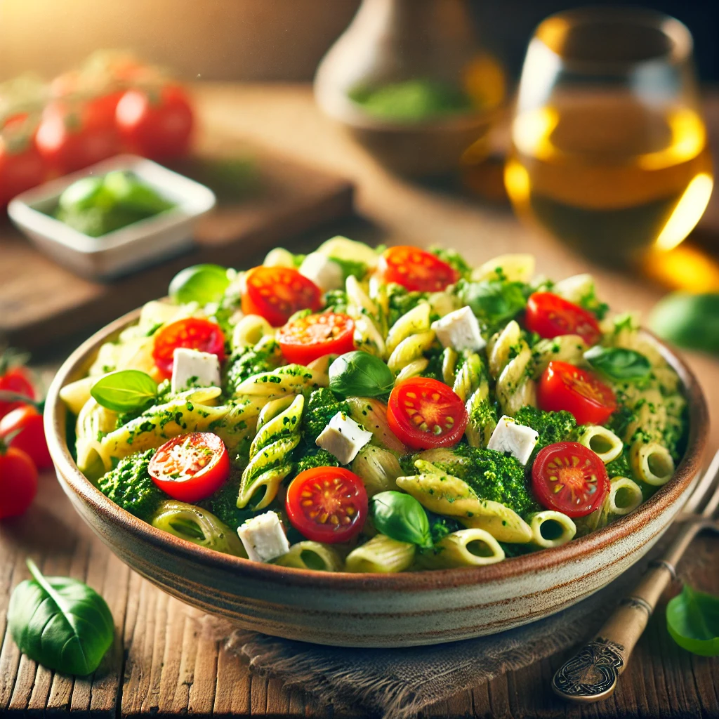 Pesto, Feta, and Cherry Tomato Pasta Salad in a rustic ceramic bowl, featuring al dente pasta tossed with basil pesto, cherry tomatoes, and crumbled feta. Garnished with basil and olive oil, set on a wooden table with extra pesto and a glass of white wine in the softly blurred background.