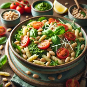 Pesto orzo and cannellini summer salad with orzo pasta, cannellini beans, cherry tomatoes, arugula, and basil pesto, garnished with pine nuts, Parmesan, and basil, served in a rustic bowl on a wooden table with lemon wedges.