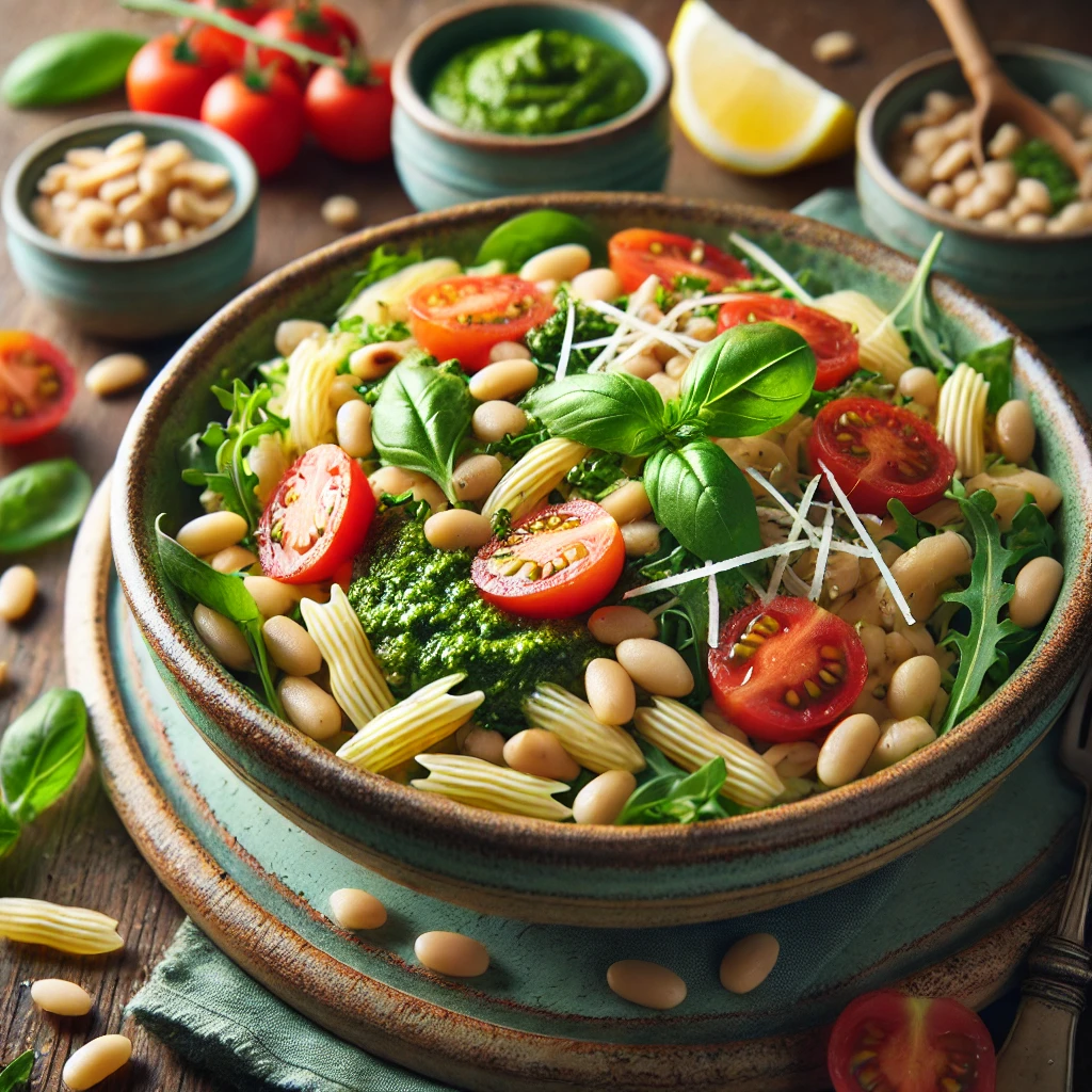 Pesto orzo and cannellini summer salad with orzo pasta, cannellini beans, cherry tomatoes, arugula, and basil pesto, garnished with pine nuts, Parmesan, and basil, served in a rustic bowl on a wooden table with lemon wedges.