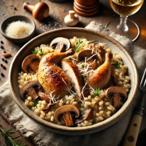 A comforting bowl of Pheasant Pearl Barley Risotto with tender cooked pheasant, earthy wild mushrooms, and creamy pearl barley, garnished with freshly grated Parmesan and a sprinkle of herbs. The dish is served in a rustic ceramic bowl on a wooden table, accompanied by a linen napkin, a glass of white wine, and a small dish of extra Parmesan. Warm, natural lighting enhances the inviting textures and rich, hearty colors.