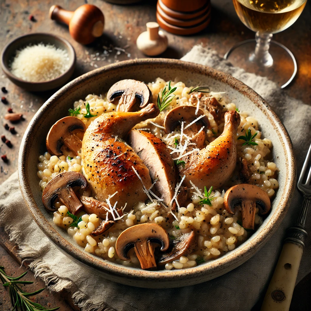A comforting bowl of Pheasant Pearl Barley Risotto with tender cooked pheasant, earthy wild mushrooms, and creamy pearl barley, garnished with freshly grated Parmesan and a sprinkle of herbs. The dish is served in a rustic ceramic bowl on a wooden table, accompanied by a linen napkin, a glass of white wine, and a small dish of extra Parmesan. Warm, natural lighting enhances the inviting textures and rich, hearty colors.