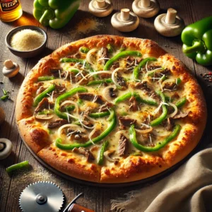 A Philly Cheesesteak pizza with a golden Sicilian thick crust is topped with melted provolone cheese, sautéed onions, green peppers, mushrooms, shaved roast beef, and a sprinkle of grated Parmesan. The golden, bubbly cheese and vibrant toppings are evenly distributed. Surrounding the pizza are fresh ingredients, including green peppers, mushrooms, a small bowl of grated Parmesan, and a bottle of Worcestershire sauce, arranged on a rustic wooden table.