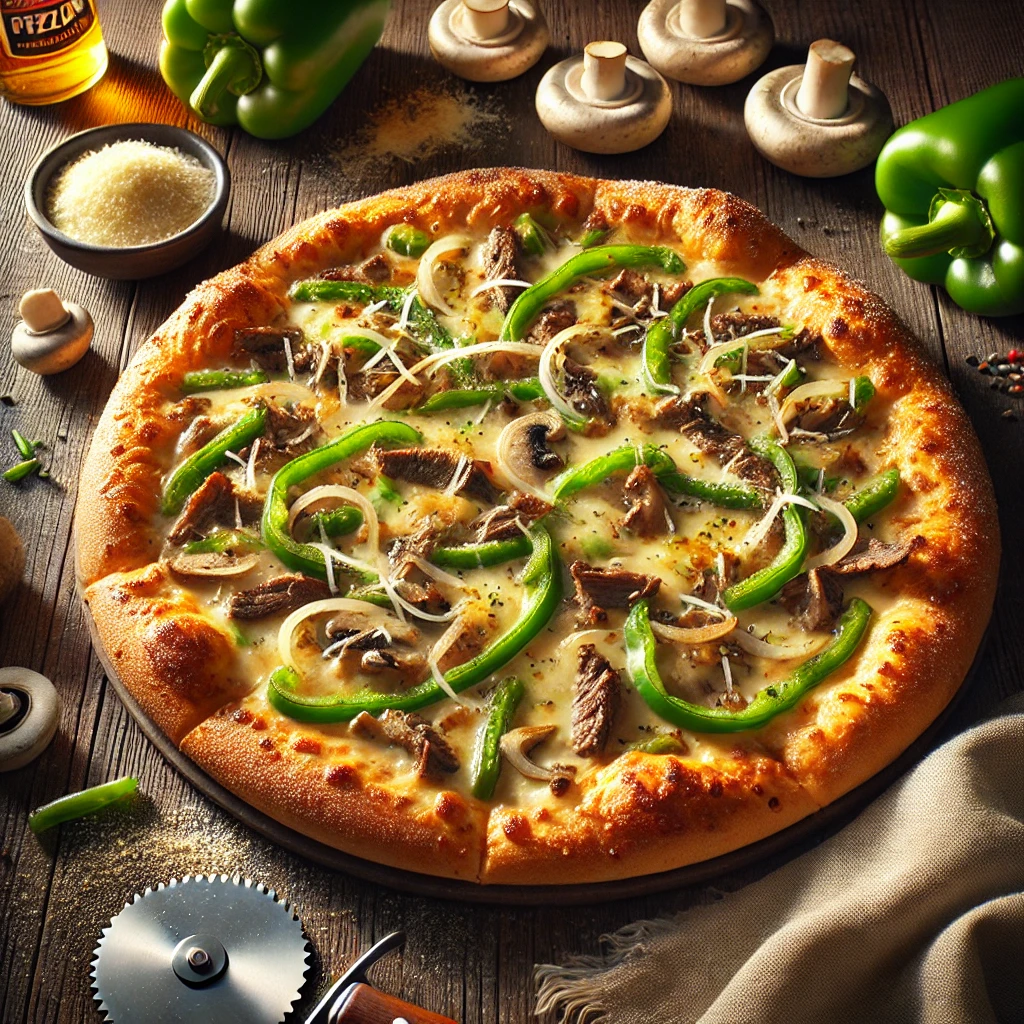 A Philly Cheesesteak pizza with a golden Sicilian thick crust is topped with melted provolone cheese, sautéed onions, green peppers, mushrooms, shaved roast beef, and a sprinkle of grated Parmesan. The golden, bubbly cheese and vibrant toppings are evenly distributed. Surrounding the pizza are fresh ingredients, including green peppers, mushrooms, a small bowl of grated Parmesan, and a bottle of Worcestershire sauce, arranged on a rustic wooden table.
