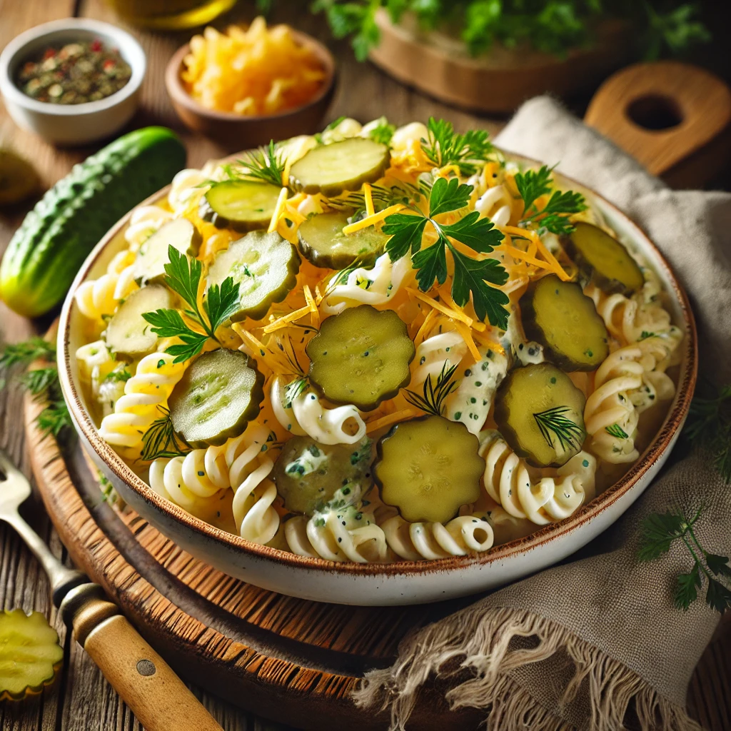 A bowl of pickle pasta salad with tender pasta, chopped dill pickles, shredded cheddar cheese, and a creamy dill dressing on a rustic wooden table. Garnished with fresh parsley and extra pickle slices, with a serving spoon lifting a portion. A cozy napkin and wooden plate enhance the warm, inviting atmosphere.