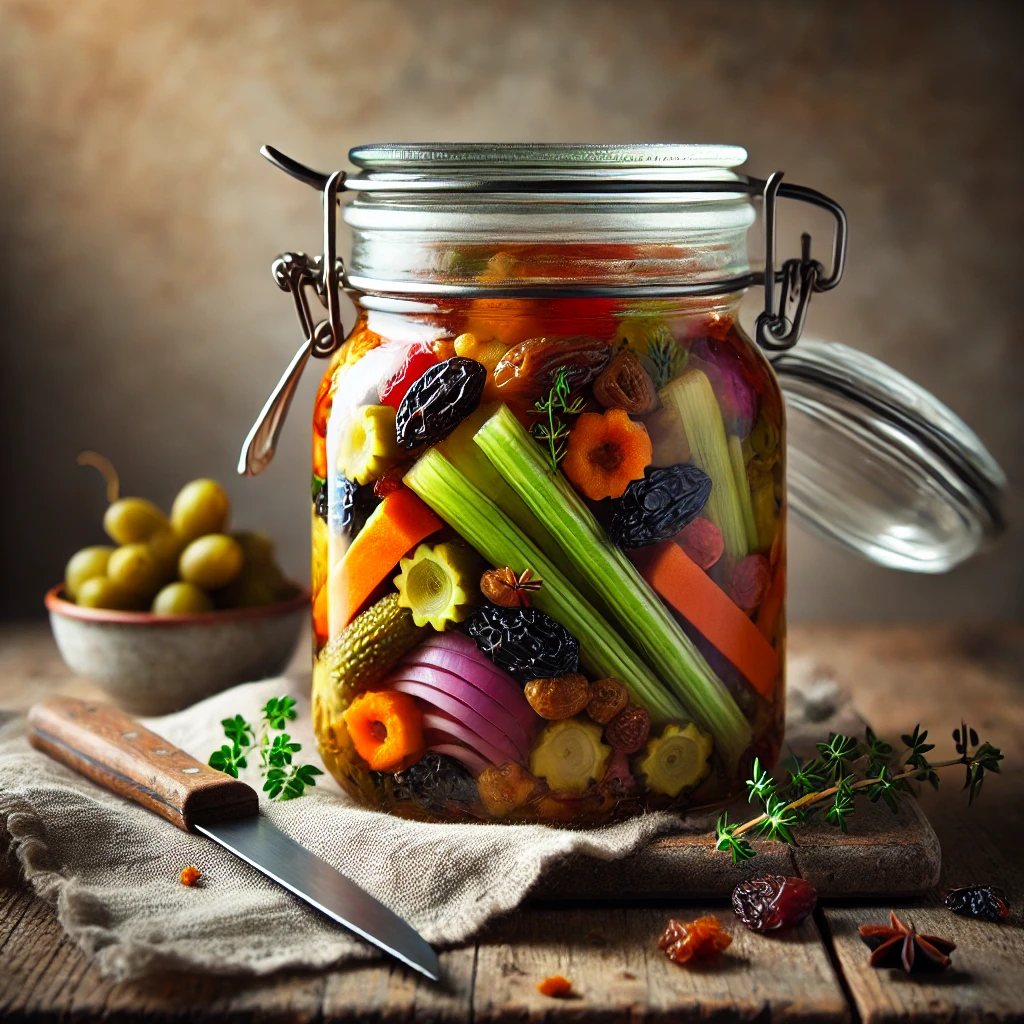 A jar of Pickled Fruits and Veggies in a clear glass container with a metal clasp, featuring a colorful mix of celery, carrots, red onion, raisins, and dates, garnished with thyme. The jar is styled on a rustic wooden table with a bowl of apple cider vinegar, a knife, and a linen napkin, illuminated by soft natural lighting for a vibrant and tangy presentation.