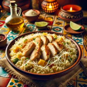 Pilaf with chicken, beer, and Parmesan served in a cozy, vibrant Mexican-style setting.