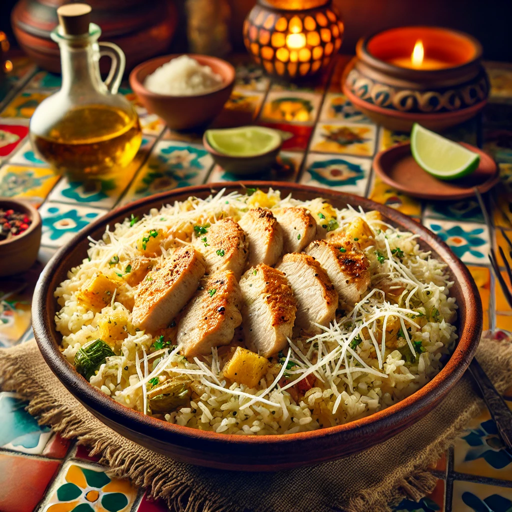 Pilaf with chicken, beer, and Parmesan served in a cozy, vibrant Mexican-style setting.
