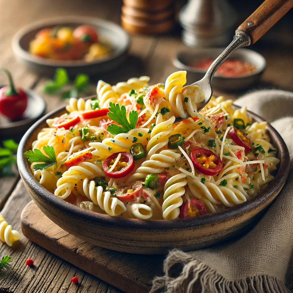A bowl of pimento pasta salad with tender pasta, diced pimentos, shredded cheese, and a creamy dressing on a rustic wooden table. Fresh herbs are sprinkled on top, with a serving spoon lifting a portion to reveal the rich texture. A cozy napkin and wooden plate enhance the warm, inviting atmosphere.