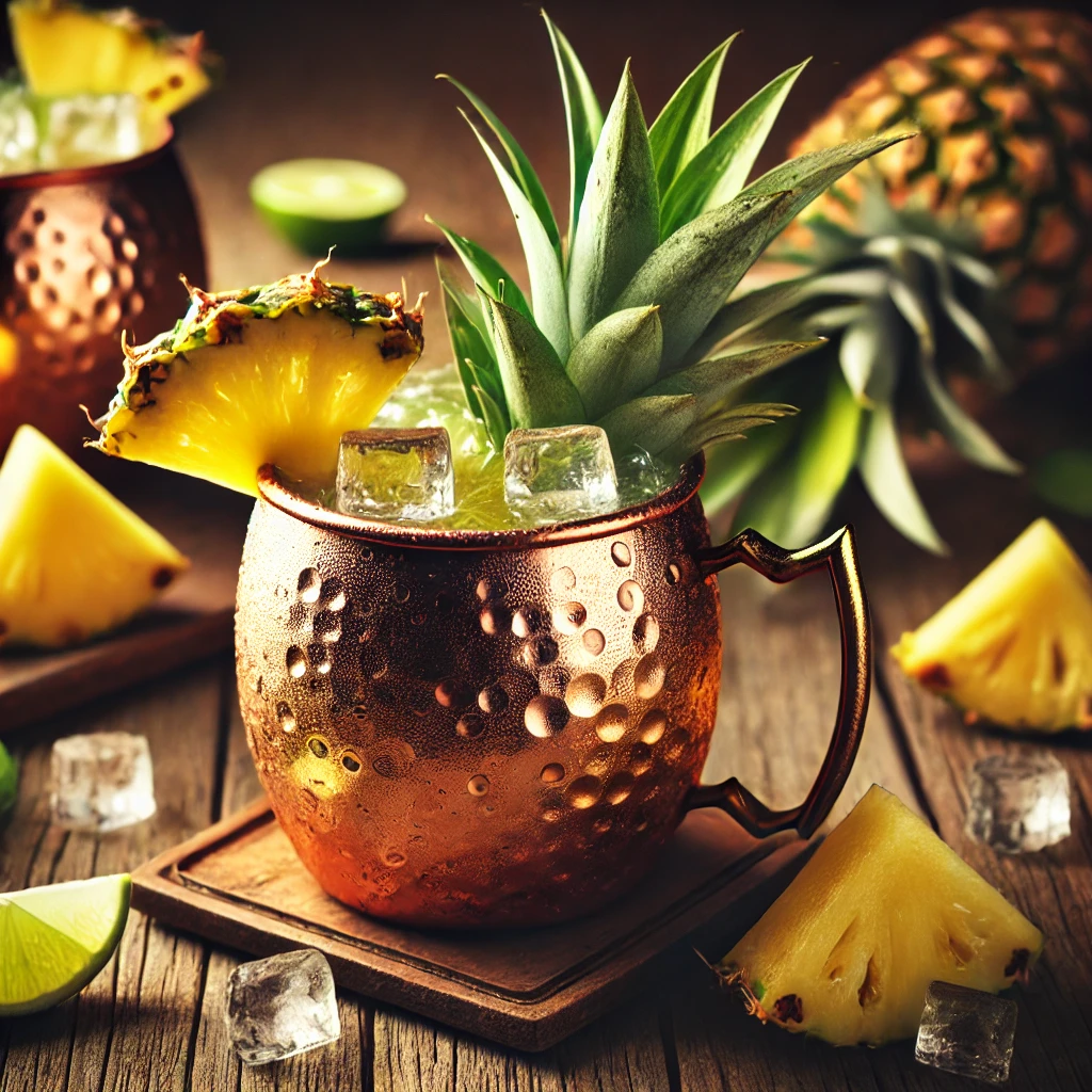 A beautifully crafted Pineapple Moscow Mule cocktail in a copper mug filled with ice, garnished with a pineapple wedge and a lime slice. The mug sits on a rustic wooden table with scattered pineapple slices and lime wedges, highlighted by soft, natural lighting for a refreshing and tropical atmosphere.