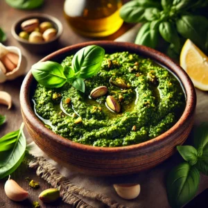 A vibrant, freshly made Pistachio Pesto served in a rustic ceramic bowl. The pesto has a rich, bright green color and a slightly textured consistency, garnished with a drizzle of olive oil and a sprinkle of crushed pistachios. The bowl sits on a rustic wooden table, accompanied by fresh basil leaves, a small dish of shelled pistachios, garlic cloves, and a lemon wedge. Warm, natural lighting enhances the fresh and inviting presentation.
