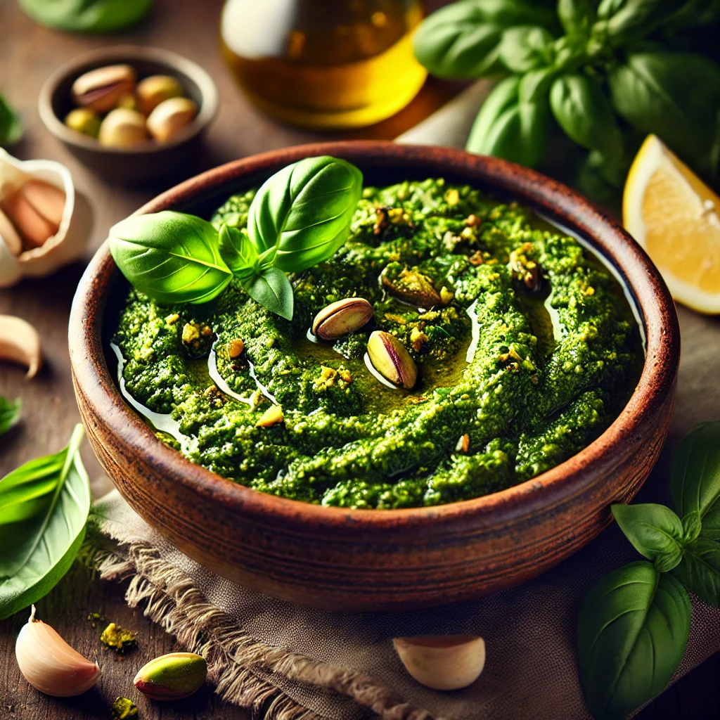 A vibrant, freshly made Pistachio Pesto served in a rustic ceramic bowl. The pesto has a rich, bright green color and a slightly textured consistency, garnished with a drizzle of olive oil and a sprinkle of crushed pistachios. The bowl sits on a rustic wooden table, accompanied by fresh basil leaves, a small dish of shelled pistachios, garlic cloves, and a lemon wedge. Warm, natural lighting enhances the fresh and inviting presentation.
