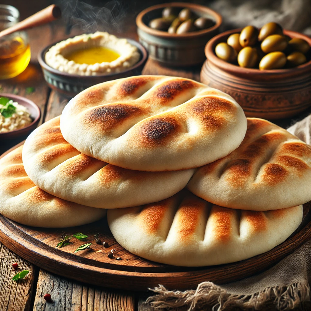 A freshly baked pitta bread on a rustic wooden table, featuring golden brown, slightly puffy bread with a few charred spots. Some are stacked, while others are cut open to reveal the airy pocket inside. The bread rests on a wooden platter, accompanied by a small dish of hummus, a bowl of olives, and scattered fresh herbs. Soft natural lighting enhances the warm, inviting tones.