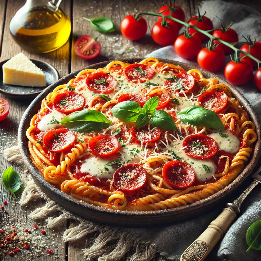 A bowl of pizza pasta with rich tomato sauce, melted mozzarella, pepperoni slices, and fresh basil, served on a rustic wooden table. A fork twirls some