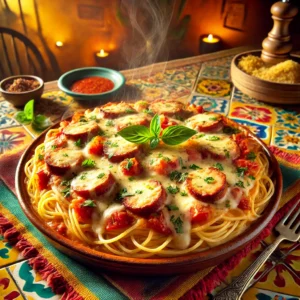 Pizza spaghetti casserole with sausage, cheese, and basil, served in a cozy Mexican-style setting.