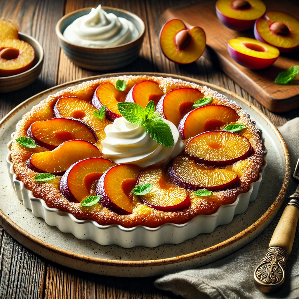 A beautifully plated serving of Plum Kuchen served on a rustic wooden table. The dessert features a golden, buttery cake base topped with juicy, caramelized plum slices arranged in an elegant pattern. Lightly dusted with powdered sugar and garnished with a sprig of mint. Served on a white ceramic plate with a side of whipped cream. The warm wooden table is more visible, providing a cozy and inviting setting.
