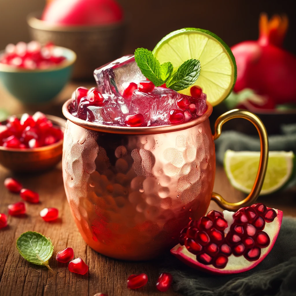 A beautifully presented Pomegranate Mule cocktail in a classic copper mug, filled with ice and garnished with fresh pomegranate seeds, a lime wedge, and a sprig of mint, set on a rustic wooden table with scattered pomegranate seeds, a sliced lime, and a small dish of crushed ice.
