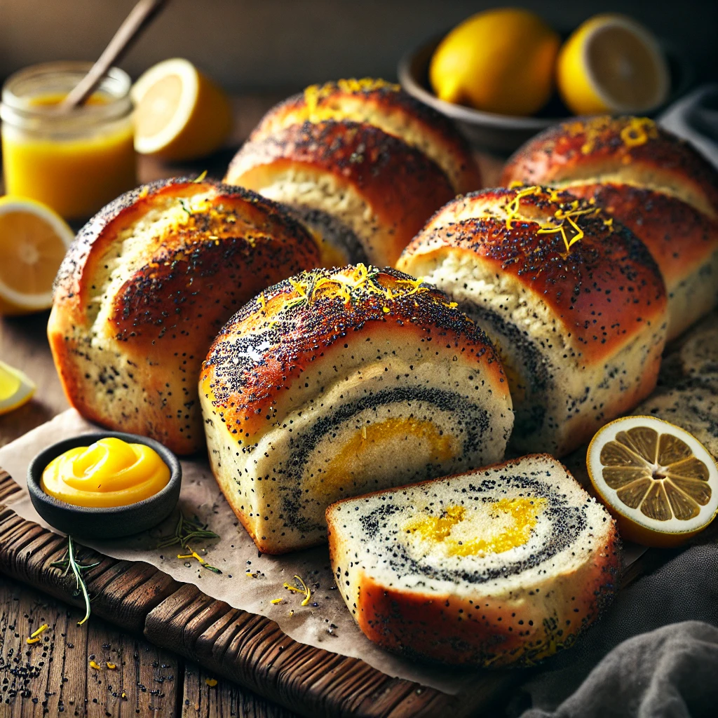 A batch of freshly baked Poppy Lemon Bread Rolls with a golden-brown crust and a soft, fluffy interior infused with fresh lemon zest and crunchy poppy seeds. The rolls have a slightly glossy finish and a rustic, artisanal appearance. They are arranged on a wooden cutting board atop a rustic wooden table, with a few sliced open to reveal their airy, citrus-infused crumb. A small dish of lemon curd, fresh lemon slices, and a sprinkle of poppy seeds complete the cozy presentation. Warm, natural lighting enhances the inviting, homemade feel.