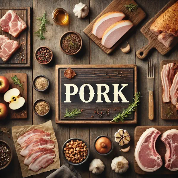 A rustic flat lay of pork on a medium-dark wooden table with horizontal planks. The scene includes pork chops, roast pork slices, and bacon-style pieces, arranged neatly on a wooden board with garnishes like garlic, herbs, and apple slices. At the top, the word 'PORK' is written in large cream-colored serif letters, centered and clearly visible.