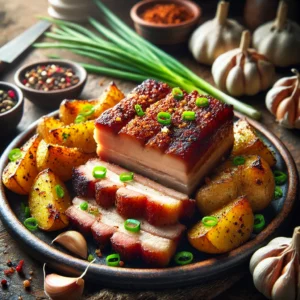A close-up plate of crispy pork belly, sliced into thick pieces with a caramelized crust, seasoned with smoked paprika and turmeric. Beside the pork are golden, roasted new potatoes garnished with green onions and garlic slices. The dish is presented on a rustic ceramic platter in a cozy kitchen setting with natural light and fresh ingredients like potatoes, garlic, and green onions around it, adding warmth and vibrancy.