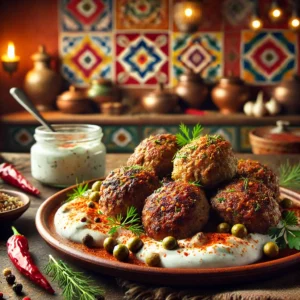 Pork and beef koftas with yogurt sauce, served in a rustic Mexican-inspired kitchen setting.