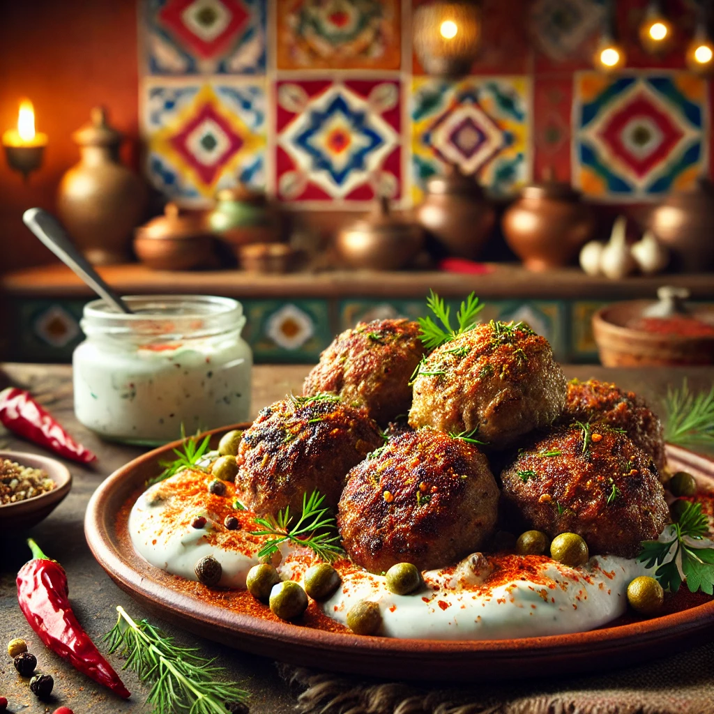 Pork and beef koftas with yogurt sauce, served in a rustic Mexican-inspired kitchen setting.