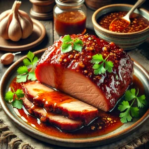A sliced pork shoulder with a caramelized, golden-brown molasses glaze, garnished with fresh cilantro. The dish is served on a rustic ceramic plate with a small bowl of extra sauce on the side. The background includes a warm kitchen setting with natural light and fresh garlic and ginger, enhancing the inviting and authentic feel of the scene.