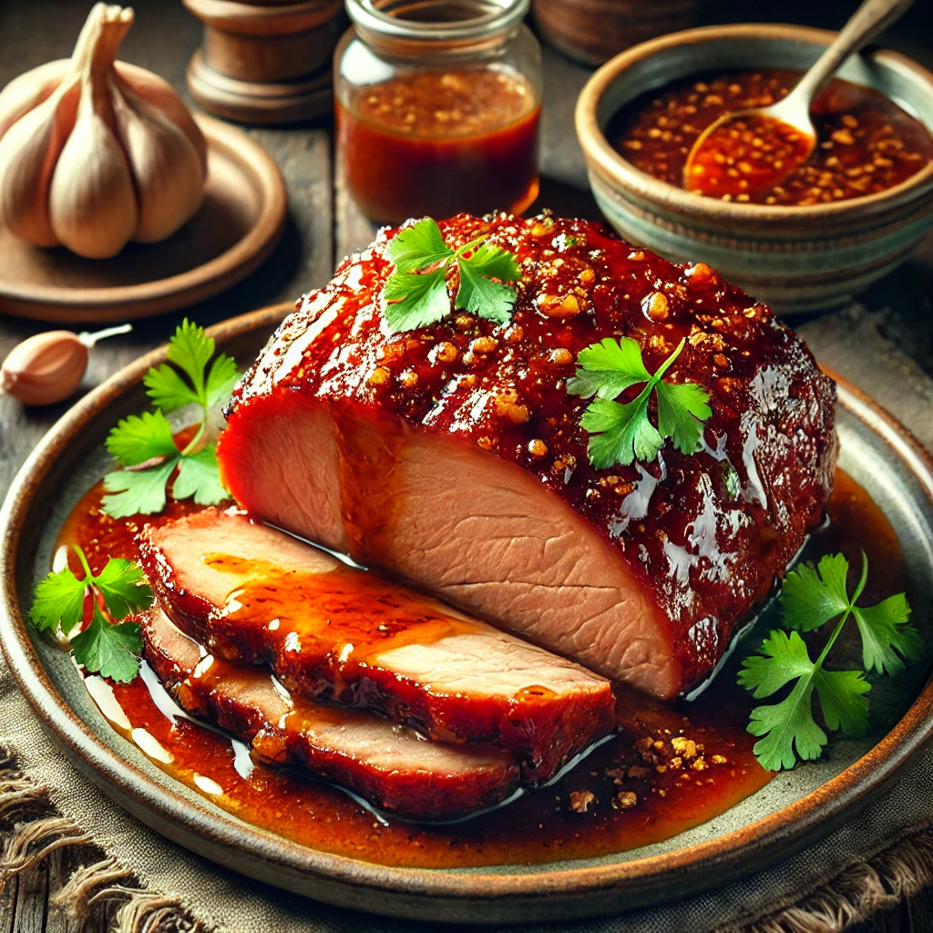 A sliced pork shoulder with a caramelized, golden-brown molasses glaze, garnished with fresh cilantro. The dish is served on a rustic ceramic plate with a small bowl of extra sauce on the side. The background includes a warm kitchen setting with natural light and fresh garlic and ginger, enhancing the inviting and authentic feel of the scene.