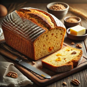 A freshly baked loaf of Potato Bread with a golden, crusty exterior and a soft, moist interior made with sweet potato or mashed potatoes. A few slices are cut, revealing a fluffy, hearty crumb with optional walnuts or sunflower seeds. The loaf rests on a wooden cutting board atop a rustic wooden table, accompanied by a butter knife, a linen napkin, and a small dish of butter. Warm, natural lighting enhances the inviting, homemade feel.