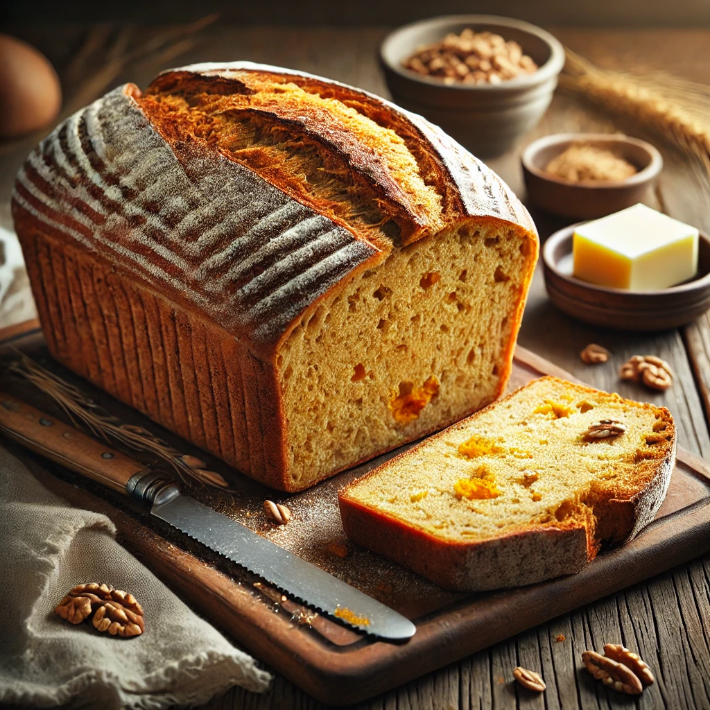 A freshly baked loaf of Potato Bread with a golden, crusty exterior and a soft, moist interior made with sweet potato or mashed potatoes. A few slices are cut, revealing a fluffy, hearty crumb with optional walnuts or sunflower seeds. The loaf rests on a wooden cutting board atop a rustic wooden table, accompanied by a butter knife, a linen napkin, and a small dish of butter. Warm, natural lighting enhances the inviting, homemade feel.