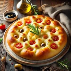 A beautifully plated Potato Focaccia Pugliese served on a rustic wooden table. The dish features a golden, crispy focaccia with a fluffy interior, infused with mashed potatoes for extra softness. Topped with cherry tomatoes, olives, and rosemary, and drizzled with olive oil. Served on a white ceramic plate with a side of balsamic dip. The warm wooden table is more visible, providing a cozy and inviting setting.
