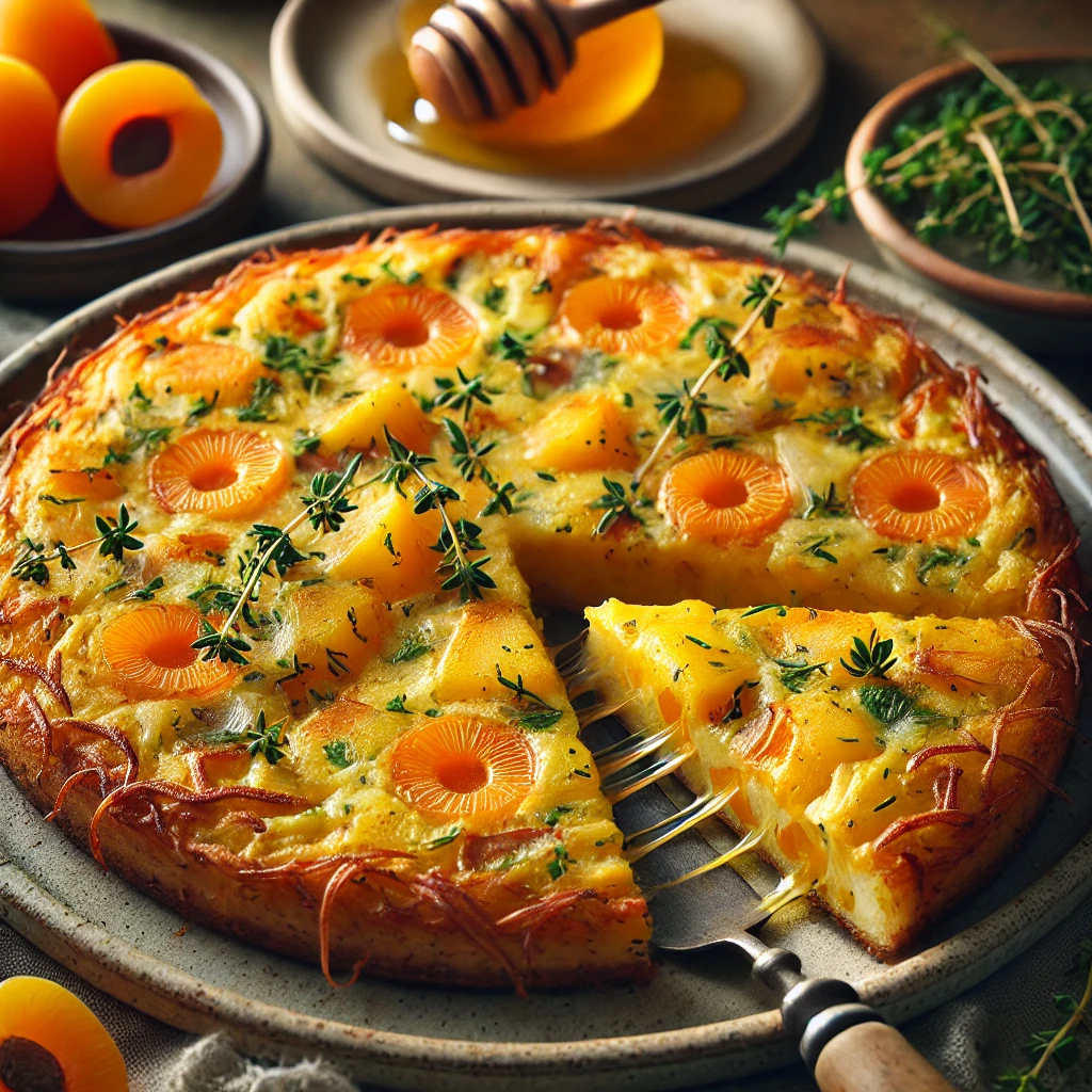 A beautifully plated Potato Frittata, golden brown and fluffy, topped with a vibrant herb-and-apricot mixture. The frittata is sliced to reveal layers of hash brown potatoes, onions, garlic, and melted cheddar and muenster cheese. A drizzle of honey glistens on top, enhancing the sweet and savory contrast. The dish is served on a rustic ceramic plate, placed on a wooden table with fresh thyme sprigs, a honey dipper, and a small bowl of chopped apricots nearby. Soft, natural lighting highlights the warm and inviting presentation.