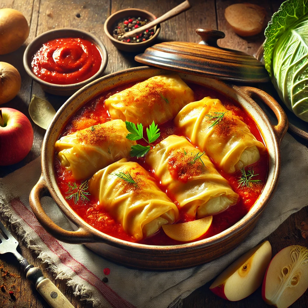 A rustic ceramic dish of potato-stuffed cabbage rolls sits on a wooden table. The cabbage rolls are neatly arranged and cooked in a rich, glossy tomato sauce with apple slices and a hint of ginger. Garnished with fresh dill, the dish is accompanied by a small bowl of extra tomato sauce and a few cabbage leaves. Surrounding the setup are fresh potatoes, an onion, and an apple, along with a folded linen napkin and rustic utensils. Soft natural light highlights the vibrant sauce and tender cabbage, creating a comforting and inviting Eastern European meal presentation.