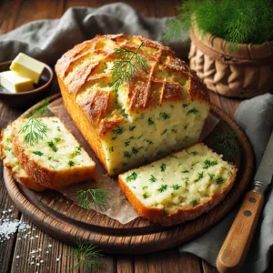 A beautifully plated loaf of Potato and Dill Bread served on a rustic wooden table. The bread has a golden-brown crust with a soft, fluffy interior infused with mashed potatoes and fresh dill. Topped with a light dusting of flour and garnished with sprigs of dill. Sliced and arranged on a wooden cutting board, served with a side of butter and sea salt. The warm wooden table is more visible, providing a cozy and inviting setting.